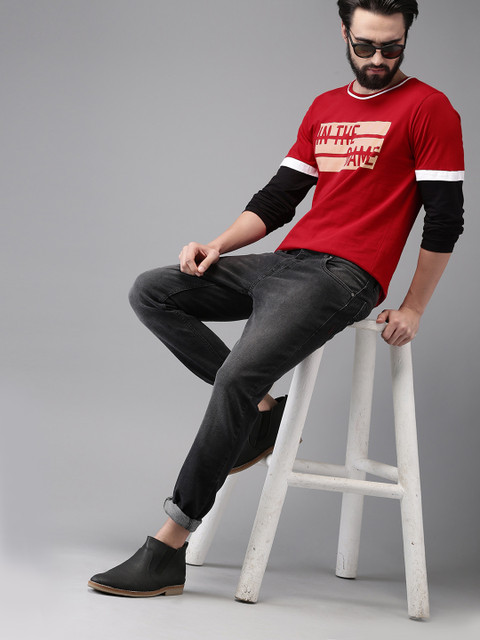 

Moda Rapido Men Red Black Printed Round Neck Pure Cotton T-shirt