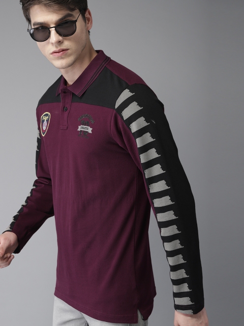 

Moda Rapido Men Burgundy & Black Solid Polo Collar T-shirt