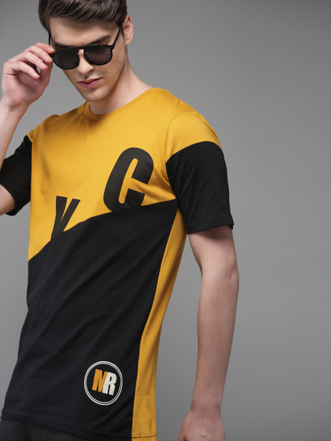 

Moda Rapido Men Mustard Yellow & Black Colourblocked Round Neck T-shirt