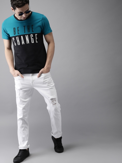 

Moda Rapido Men Black Teal Blue Colourblocked Round Neck Pure Cotton T-shirt