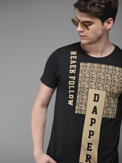 

Moda Rapido Men Black Beige Printed Round Neck Pure Cotton T-shirt
