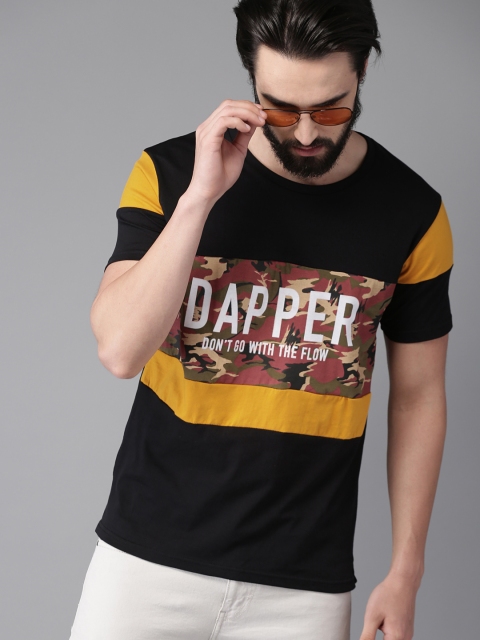 

Moda Rapido Men Black & Mustard Yellow Printed Round Neck T-shirt