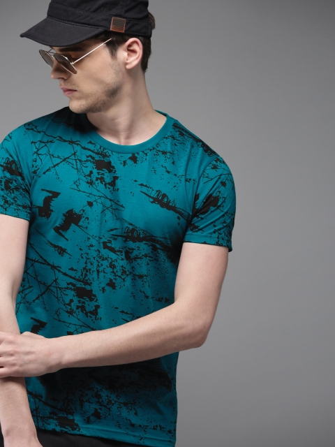 Men Teal Blue Black Printed Cotton Pure Cotton T-shirt