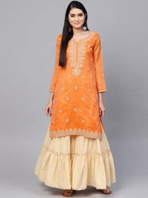 

Ishin Women Orange & Beige Embroidered Kurta with Sharara