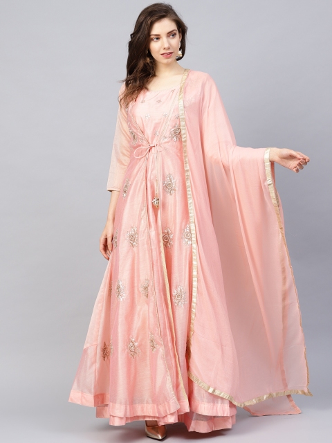 

Ishin Women Peach-Coloured & Golden Yoke Design Silk Anarkali Layered Kurta With Dupatta