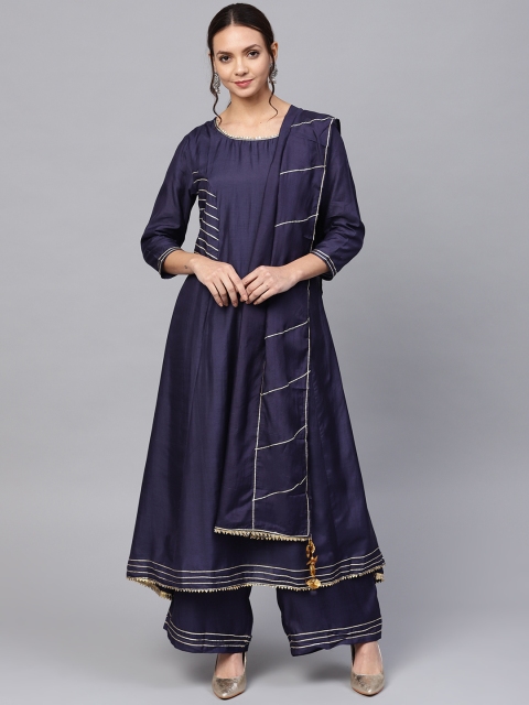 

Ishin Women Navy Blue Solid Kurta with Palazzos & Dupatta