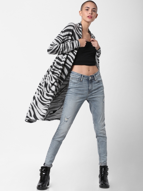 

ONLY Women Grey & Black Solid Front-Open Sweater