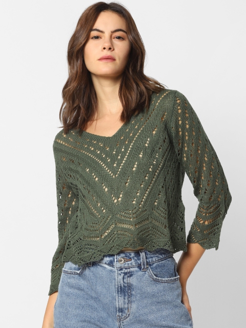 

ONLY Women Green Self Design Sweater