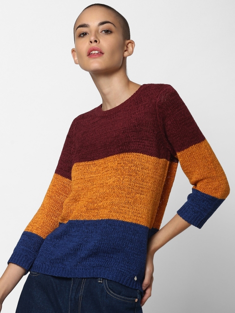 

ONLY Women Burgundy & Mustard Yellow Colourblocked Sweater