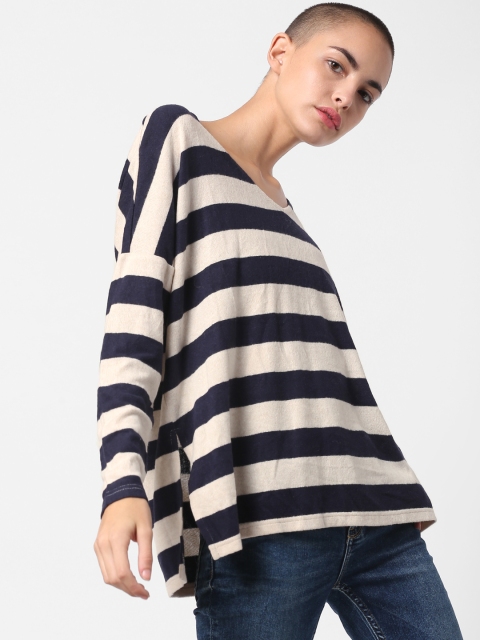 

ONLY Women Off-White & Navy Blue Striped Lightweight Sweater