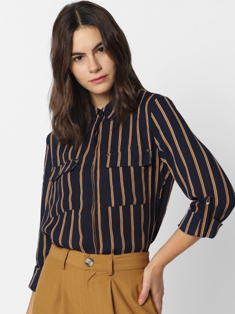 

ONLY Women Navy Blue & Mustard Brown Regular Fit Striped Casual Shirt