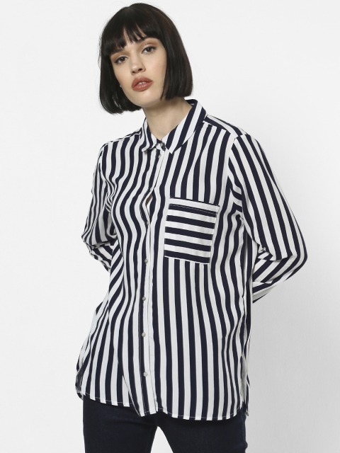 

ONLY Women White & Navy Blue Regular Fit Striped Casual Shirt