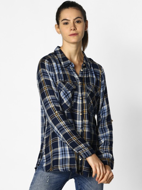 

ONLY Women Navy Blue & Off-White Regular Fit Checked Casual Shirt