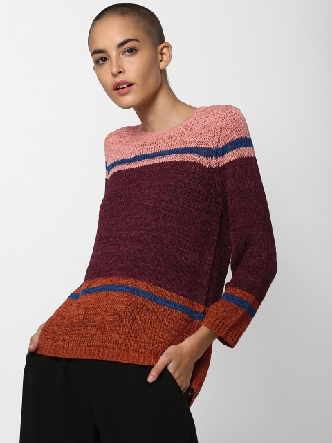 

ONLY Women Brown & Burgundy Colourblocked Pullover Sweater