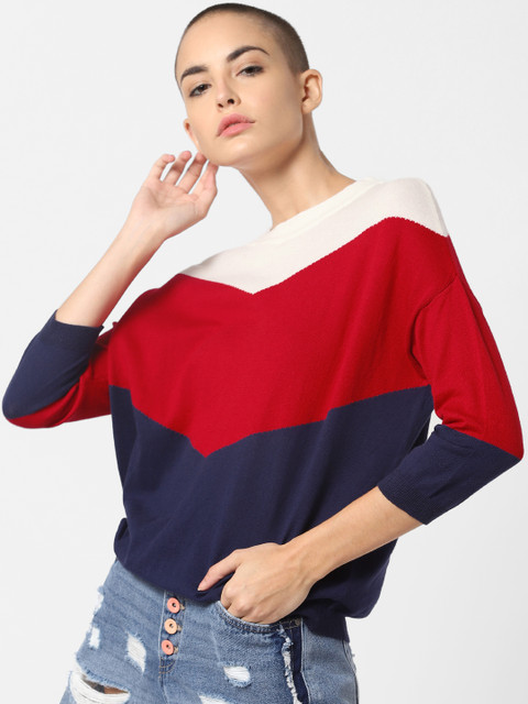 

ONLY Women Navy Blue & Red Colourblocked Pullover Sweater