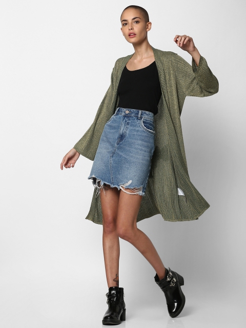 

ONLY Women Green & Gold-Toned Self Design Open Front Shrug
