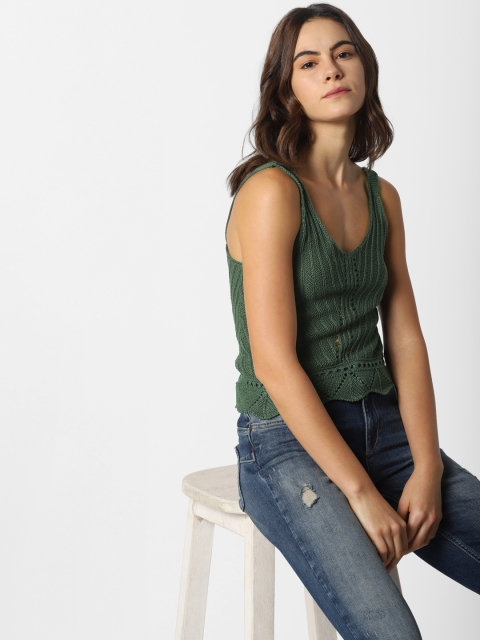 

ONLY Women Olive Green Self Design Tank Top
