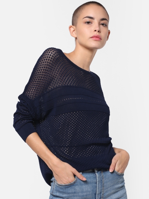 

ONLY Women Navy Blue Self Design Knitted Semi Sheer Regular Top
