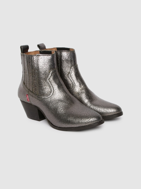 

Levis Women Silver-Toned Solid Leather Mid-Top WESTERN FOLSOM Heeled Boots