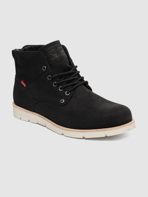 

Levis Men Black Solid Leather Mid-Top Flat Boots