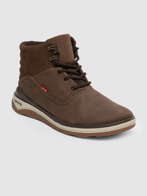 

Levis Men Brown Solid Leather Mid-Top Flat Boots