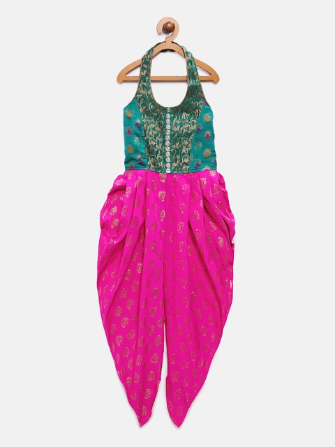 

Twisha Girls Teal Blue & Pink Printed Brocade Weave Basic Jumpsuit