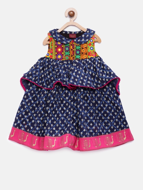 

Twisha Girls Navy Blue & White Printed Embroidered Fit and Flare Dress