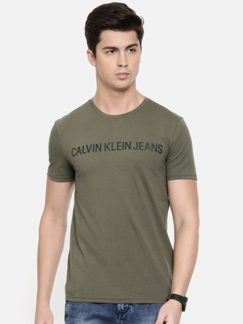 

Calvin Klein Jeans Men Olive Green Printed Slim Fit Round Neck T-shirt