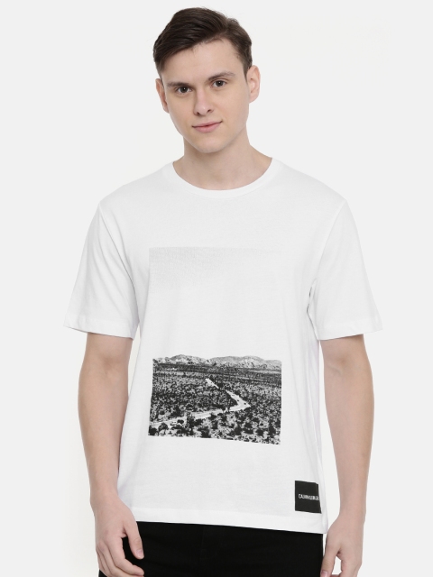 

Calvin Klein Jeans Men White Printed Slim Fit Round Neck Pure Cotton T-shirt
