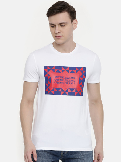 

Calvin Klein Jeans Men White Slim Fit Printed Round Neck T-shirt