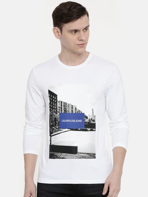 

Calvin Klein Jeans Men White Slim Fit Printed Round Neck T-shirt