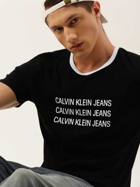 

Calvin Klein Jeans Men Black & White Brand Logo Print Cotton Round Neck T-shirt