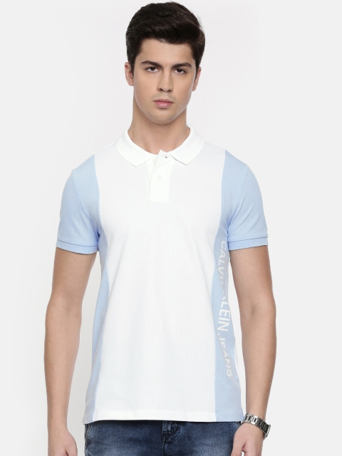 

Calvin Klein Jeans Men White & Blue Colourblocked Polo Collar T-shirt