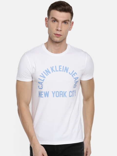 

Calvin Klein Jeans Men White & Blue Printed Round Neck T-shirt