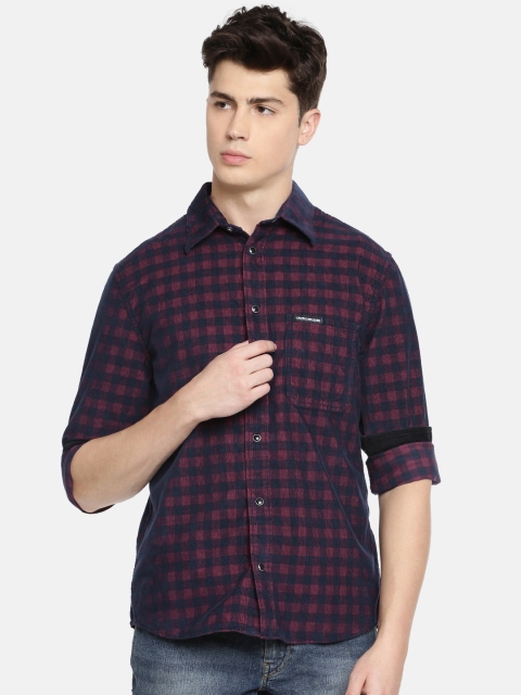 

Calvin Klein Jeans Men Navy Blue & Maroon Corduroy Regular Fit Checked Casual Shirt
