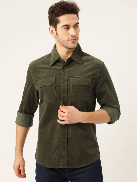 

Calvin Klein Jeans Men Olive Green Solid Corduroy Casual Shirt