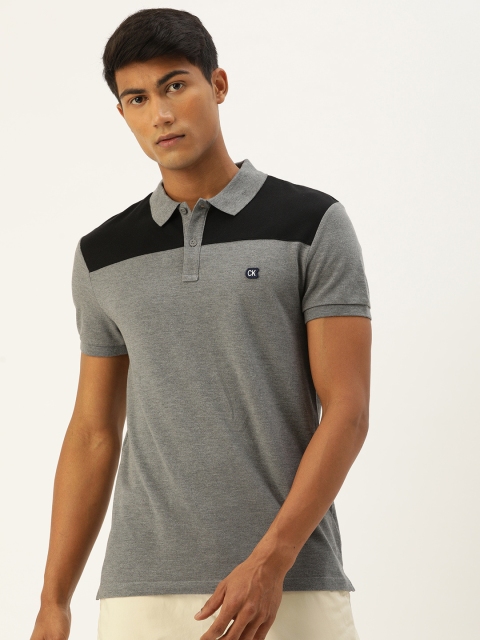 

Calvin Klein Jeans Men Grey & Black Colourblocked Polo Collar Pure Cotton T-shirt