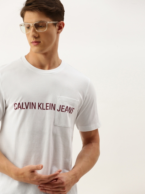 

Calvin Klein Jeans Men White Brand Logo Print Cotton Round Neck T-shirt