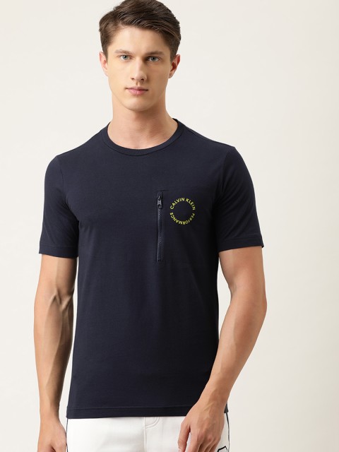 

Calvin Klein Jeans Men Navy Blue Solid Round Neck T-shirt with Zip Pocket