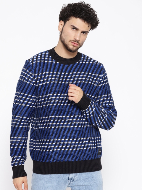 

Calvin Klein Jeans Men Blue & White Striped Sweater, Navy blue
