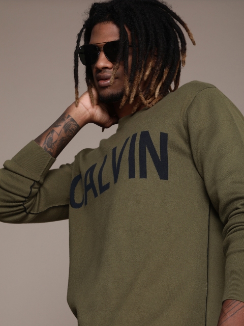 

Calvin Klein Jeans Men Olive Green & Black Typography Woven Pullover