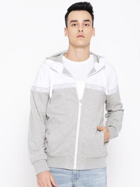 

Calvin Klein Jeans Men Grey Melange & White Colourblocked Hooded Sweatshirt