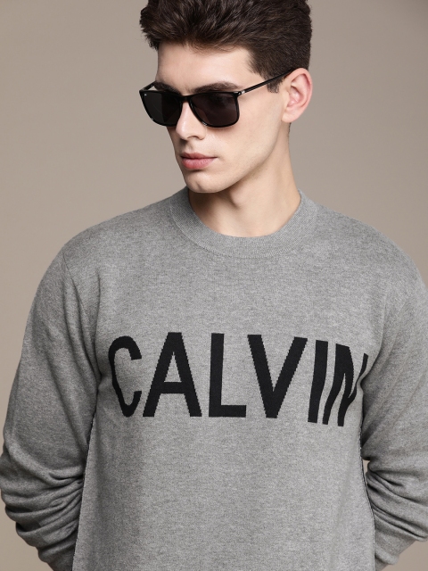 

Calvin Klein Jeans Men Grey Melange Heather Typography Printed Pullover Sweater