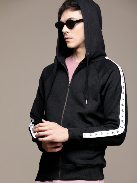 

Calvin Klein Jeans Men Black Hooded Front-Open Sweatshirt with Side Taping Detail