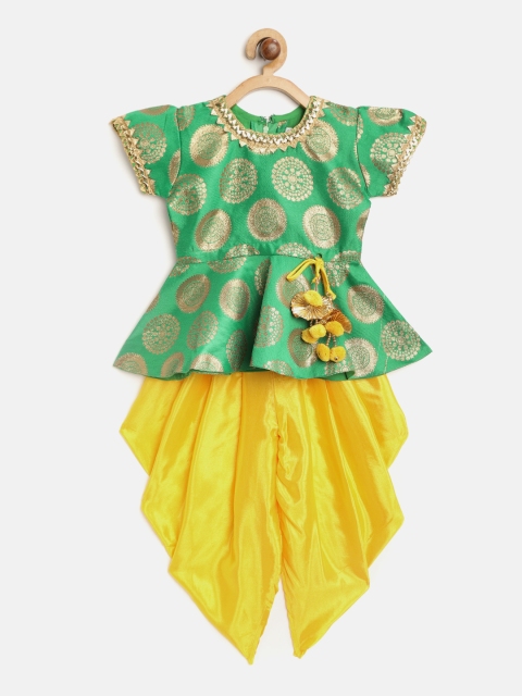 

BownBee Girls Green & Yellow Jacquard Woven Design Kurti with Dhoti Pants