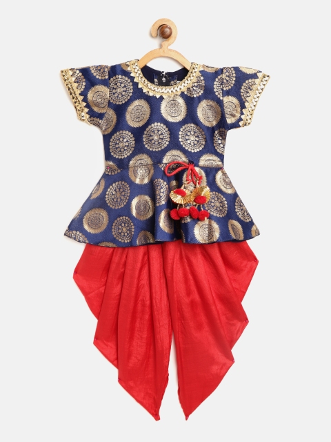 

BownBee Girls Navy Blue & Red Jacquard Woven Design Kurti with Dhoti Pants