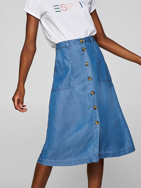

ESPRIT Women Blue Solid Chambray Midi A-Line Skirt