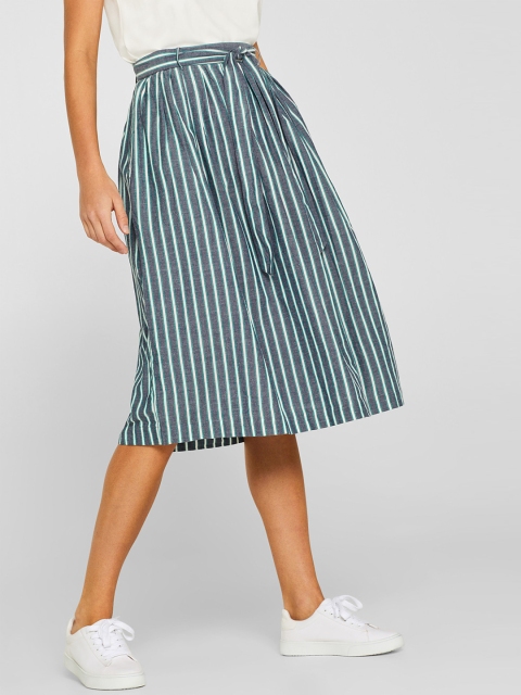 

ESPRIT Women Blue & Off-White Striped Midi A-Line Skirt