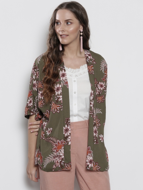 

DOROTHY PERKINS Women Olive Green & Brown Printed Open Front Shrug