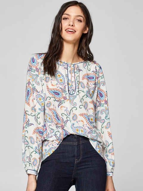 

ESPRIT Women White & Blue Printed Regular Top